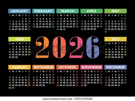 Calendar 2026 Year English Colorful Vector Stock Vector Royalty Free