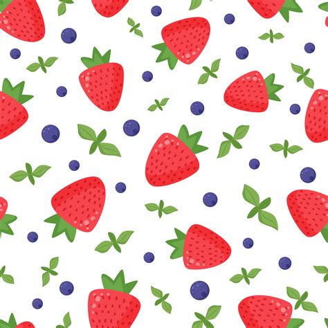 Seamless Pattern Of Cartoon Berries Cute Strawberry With Leaves And
