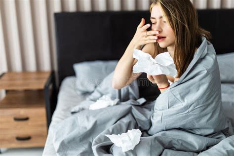 Sick Woman Froze And Caught A Cold From An Unheated Flat Covered With Warm Blanket Sit In Bed