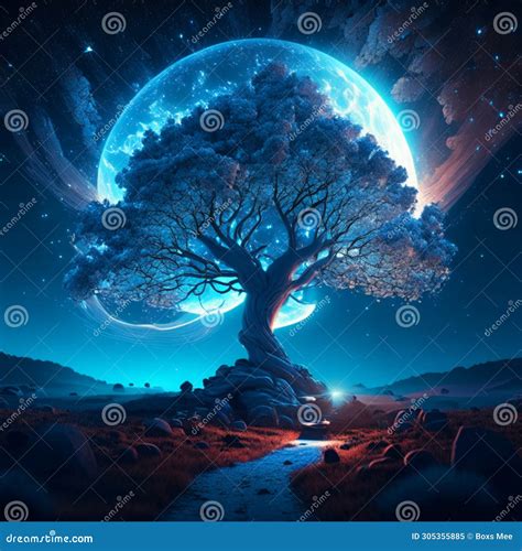 Fantasy Landscape With A Tree And Full Moon D Rendering Generative Ai