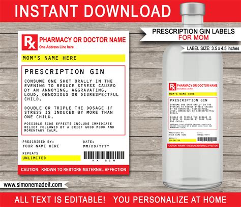 You can attach them to canvas drawers, plastic containers or metal pails. Mom Prescription Gin Labels template | Mothers Day or Birthday Gag Gift