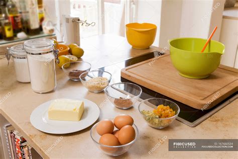 Ingredients For Baking On Kitchen Counter — Gourmet Bowl Stock Photo