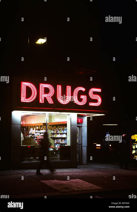 1980s Drug Store At Night Pink Neon Sign Drugs Stock Photo Alamy