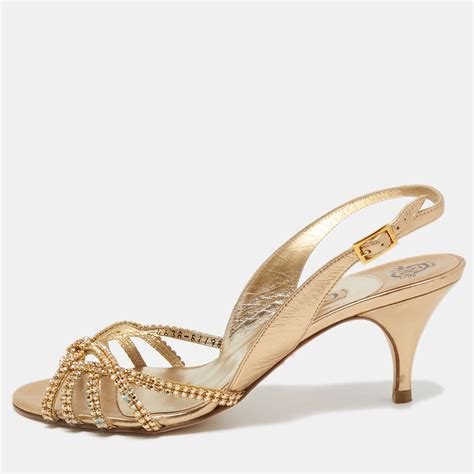 Gina Gold Leather Crystal Embellished Slingback Sandals Size 38 Gina The Luxury Closet