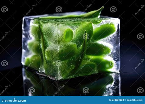 Macro Photo One Green Beans In An Ice Cube Generative Ai Stock