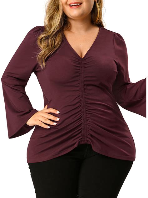 Unique Bargains Womens Plus Size Blouse V Neck Long Sleeve Ruffle Stretch Ruched Top