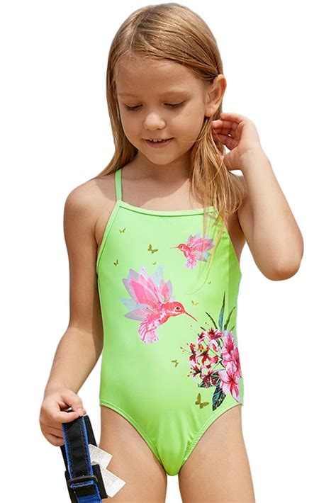 Neon Green Floral And Birds Little Girls One Piece Swimwear Little