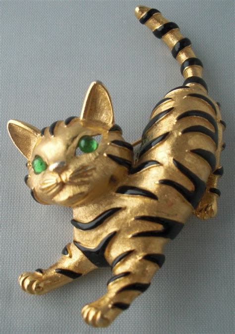 Trifari Goldplated Enamel Rhinestone Tiger Cat Brooch Pin Ark Series