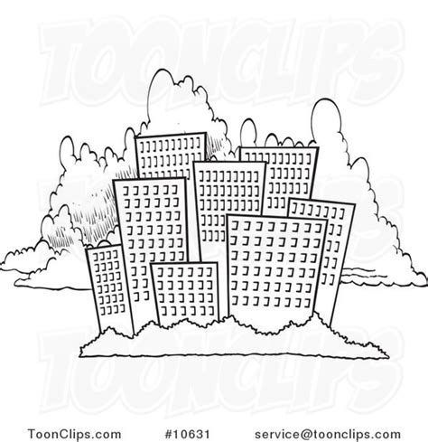 Cartoon Black And White Line Drawing Of A City Skyline Against Clouds