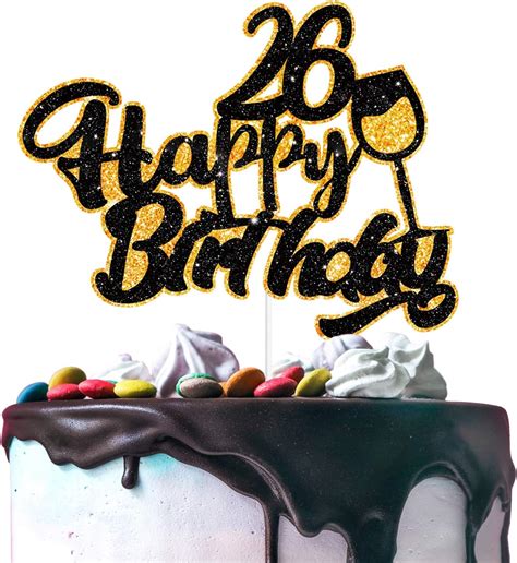 Aerzetix Happy 26th Birthday Cake Topper Black Gold Glitter