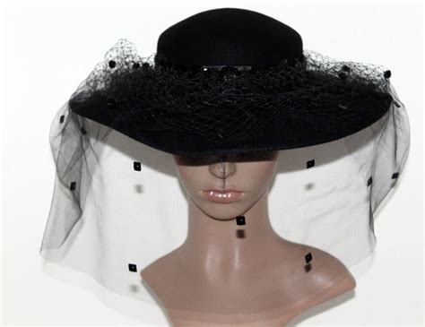 Vintage 1950s Hat Wide Brim Hat Black Lace Veil Designer Georgi Black Hat Satin Bow