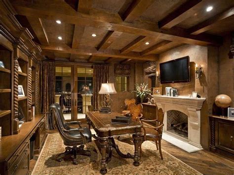 Brown Theme Luxury Home Office With Traditional Style Beige Stone