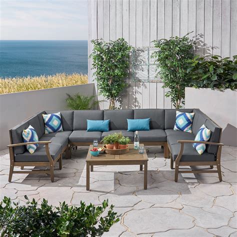 Gdf Studio Judith Outdoor 10 Piece Acacia Wood Sofa Sectional Set Gray