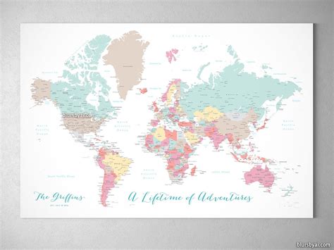 Custom World Map With Cities Canvas Print Or Push Pin Map In Pastels