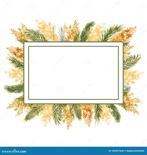 Geometric Rectangular Frame With Mimosa Branches On The Outer Edge On A