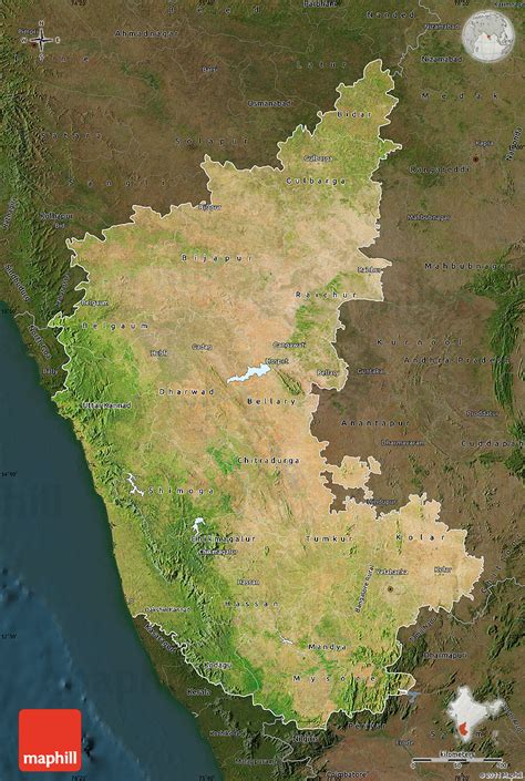 Karnataka is located in south west india. Satellite Map of Karnataka, darken