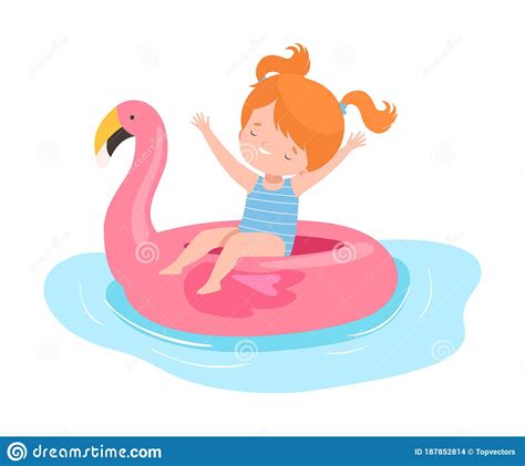 Cute Girl Floating On Inflatable Flamingo Swim Ring Kids Summer