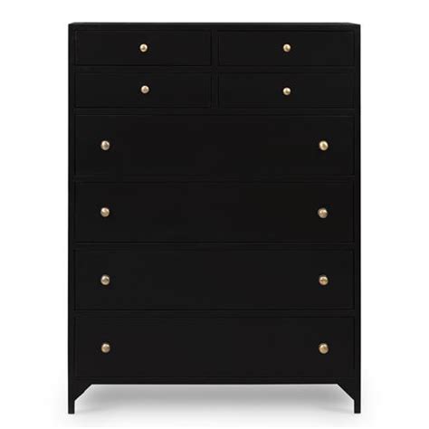 This white dresser under $100 is made in a composition of light grey with white and will blend in perfectly to the furniture ensemble of almost any color. Javon Modern Classic Black Iron Tall Dresser | Kathy Kuo Home