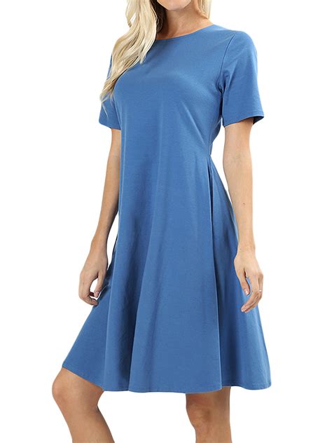 Womens Round Neck Short Sleeve Stretch Cotton Side Pocket A Line Fit And Flare Dress