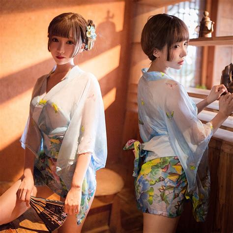 Sexy Japanese Kimono Bathrobes Women Sheer Mesh Floral Print Short Robe Dress Nightgown