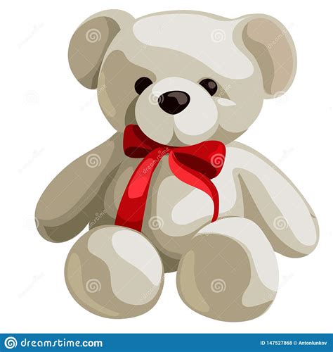 Cute Soft Teddy Bear With Red Ribbon Bow Isolated On White Background