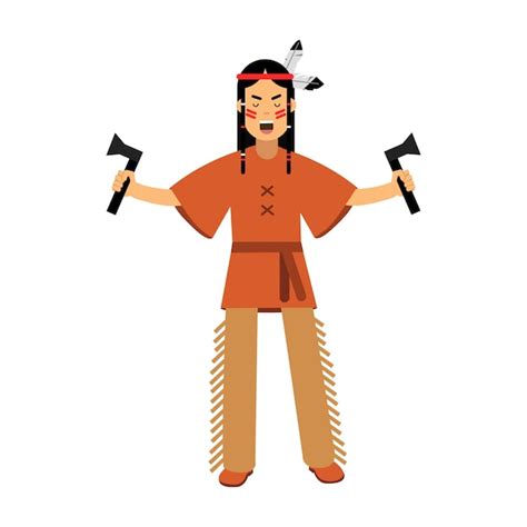 Índio nativo americano em traje tradicional de pé com duas machadinhas ilustração isolada em um