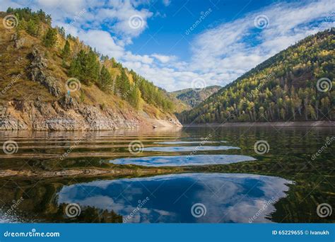 Beautiful Reflection Of The Siberian Nature In Yenisei River Stock