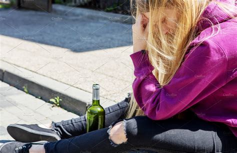 Drunk Young Woman With Bottle Of Alcohol Containing Drunk Women And Young Health And Medical