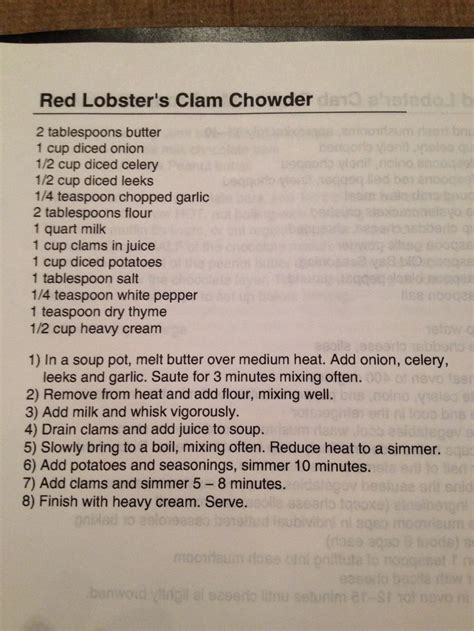 We've made it easy by skipping the process of steaming fresh clams to get the clam juice and meat for the soup, subbing in more convenient and equally. Red Lobster clam chowder | Recipes: Soups, Stews and ...