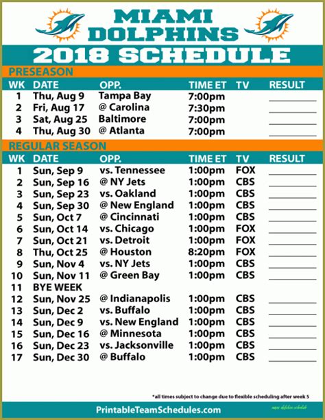 Miami Dolphins Printable Schedule