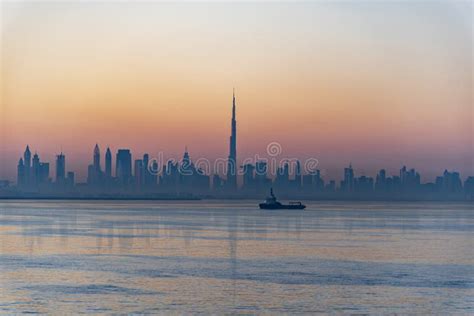 Skyline Of Dubai At Sunrise Early Morning Mist Stock Image Image Of