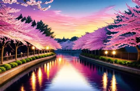 Cherry Blossoms Pink Flowers Springtime Trees Fantasy Illustration