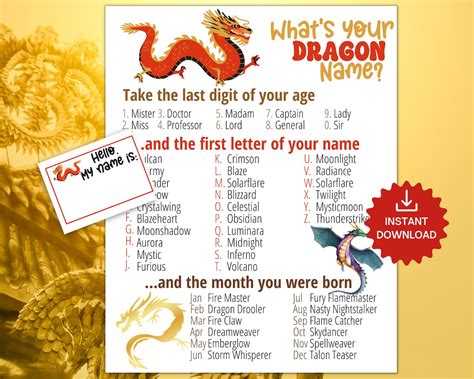 Whats Your Dragon Name Game With Nametags Signdragon Theme Party Game