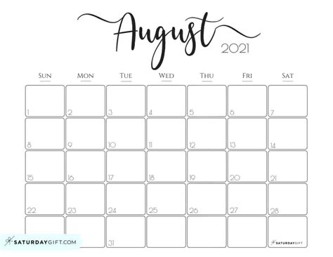 Aug Calendar 2021 Free Printable