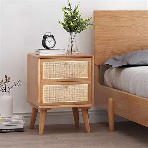 Nordic Natural Rattan Nightstand Solid Wood Bedside Table With 2