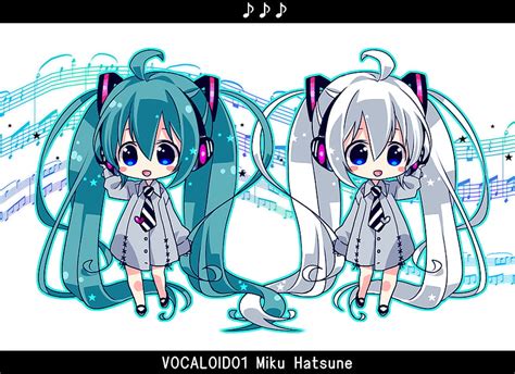 Hatsune Miku Vocaloid White Hair Blush Headphones Twintails Chibi
