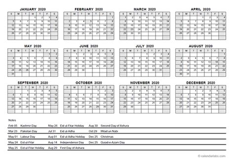 2020 Yearly Calendar With Pakistan Holidays Free Printable Templates