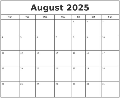 August 2025 Print Free Calendar