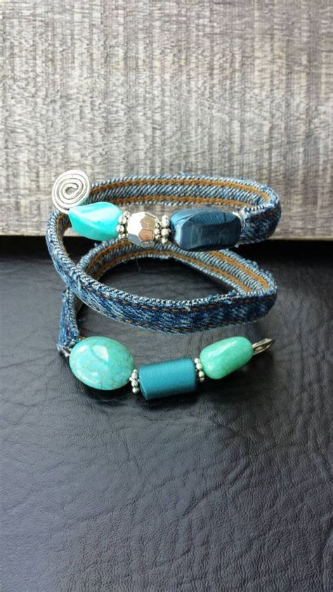 Upcycled One Of A Kind Denim And Bead Wrap Bracelet Recycled Bracelets