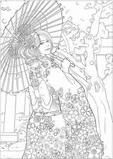Coloring Woman Japanese Japan Cherry Festival Elegant Beautiful Celebrating Hanami Pages Temple Yukata Spring Blossoms Drawing Young Front Most Her sketch template