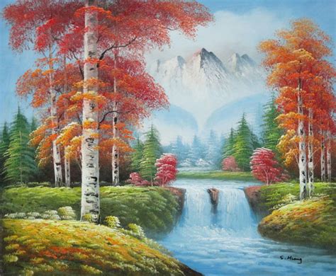 Small Waterfall Scenery In Autumn Oil Painting Landscape Naturalism 20