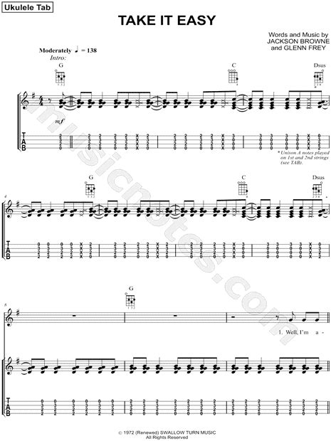 The Eagles Take It Easy Ukulele Tab In G Major Download And Print