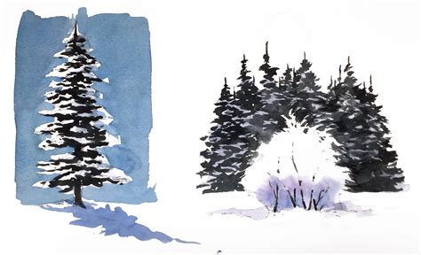 Watercolor Techniques For Realistic Snowy Trees And Bushes