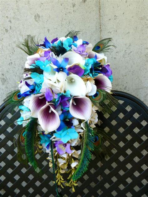 cascading bridal bouquet picasso callas turquoise champagne ivory hydrangeas real touch