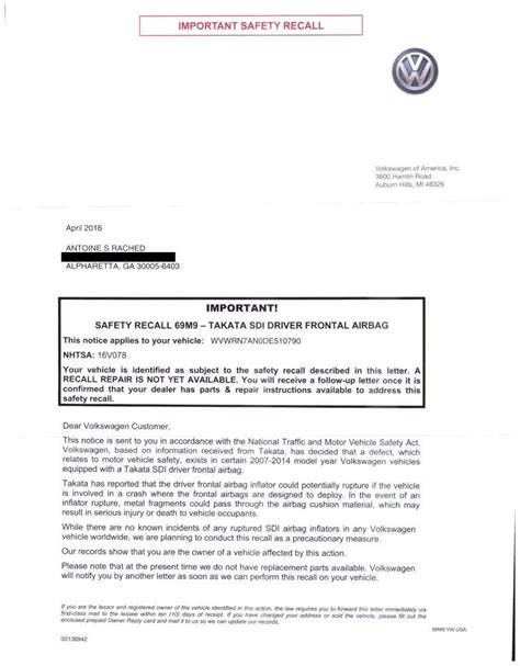 Safety Recall Letter Sent By Vw Diminished Value Of Georgia