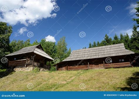 Old Wooden Houses From Carpathian Mountains Western Ukraine Stock