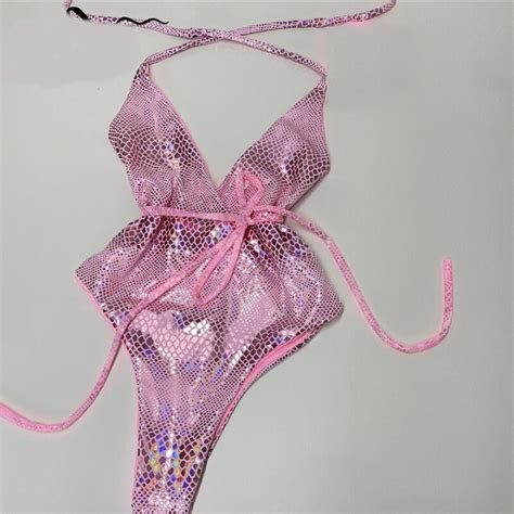 Glitter Sexy Swimsuit One Piece Sexy String Monokini Pink Etsy