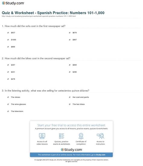 Quiz And Worksheet Spanish Practice Numbers 101 1000 Study Free