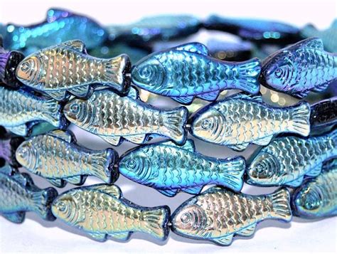 Glass Fish Beads 1 Inch Czech Glass Beads Tropical Blue Purple