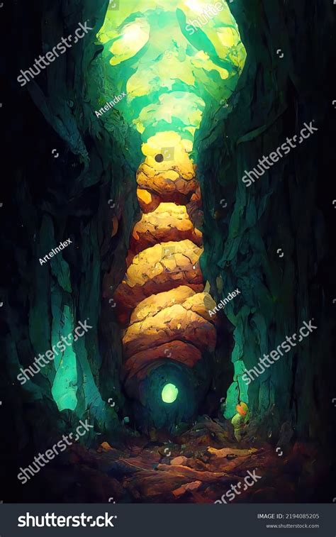 Illustration Glow Worm Cave Glowing Bioluminescent Stock Illustration